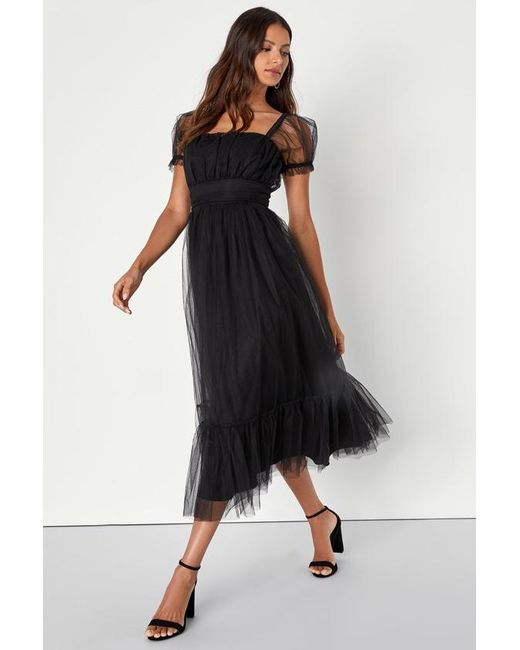 Lulus Black Flawless Aura Tulle Puff Sleeve Ruffled Midi Dress