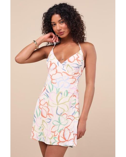 Lulus Pink Cloelia Abstract Floral Button-Front Halter Mini Dress