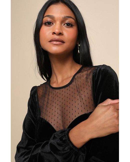Lulus Black Sweetest Flirt Velvet Mesh Swiss Dot Long Sleeve Bodysuit