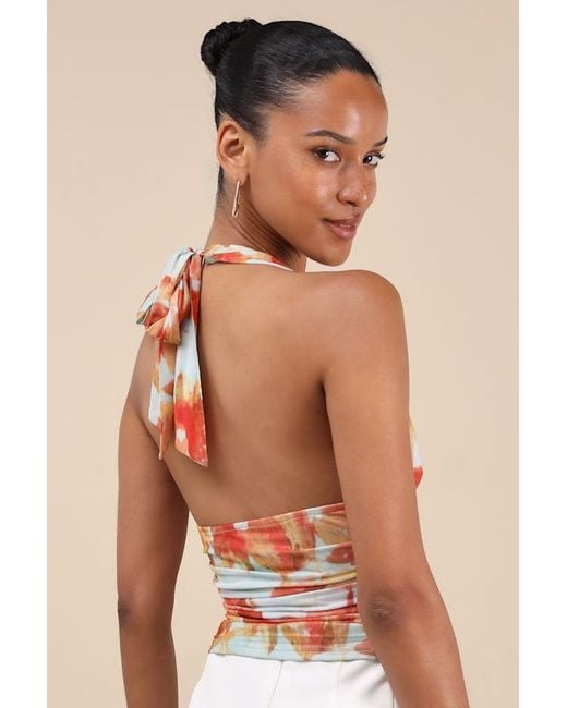 Lulus Orange Ayaka And Abstract Mesh Halter Top