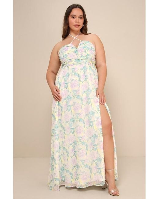 Lulus Natural Effortlessly Abloom Multi Floral Ruched Halter Maxi Dress