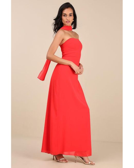 Lulus Red Rawya Strapless Maxi Dress And Scarf Set