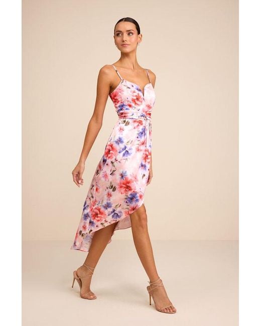 Lulus Pink My Favorite Day Floral Print Tulip Skirt Midi Dress