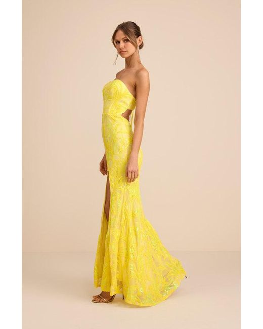 Lulus Yellow Shimmering Icon Sequin Lace-Up Strapless Maxi Dress