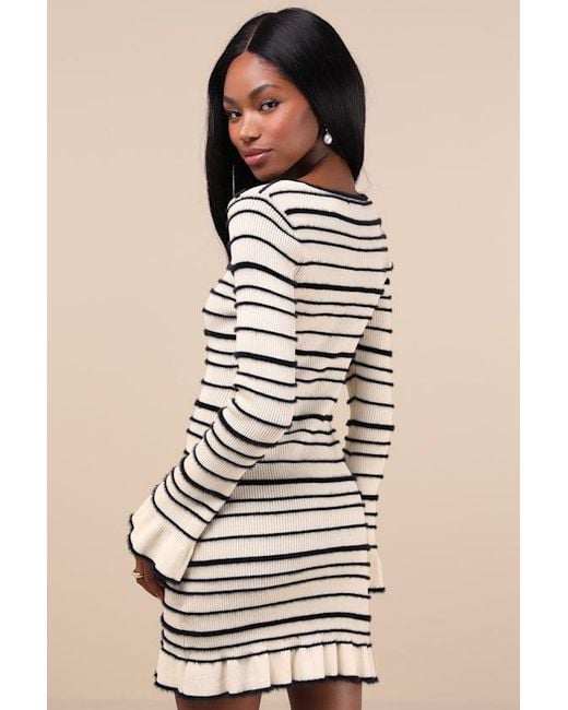Lulus Gray Cozy Outlook Fuzzy Striped Long Sleeve Sweater Mini Dress