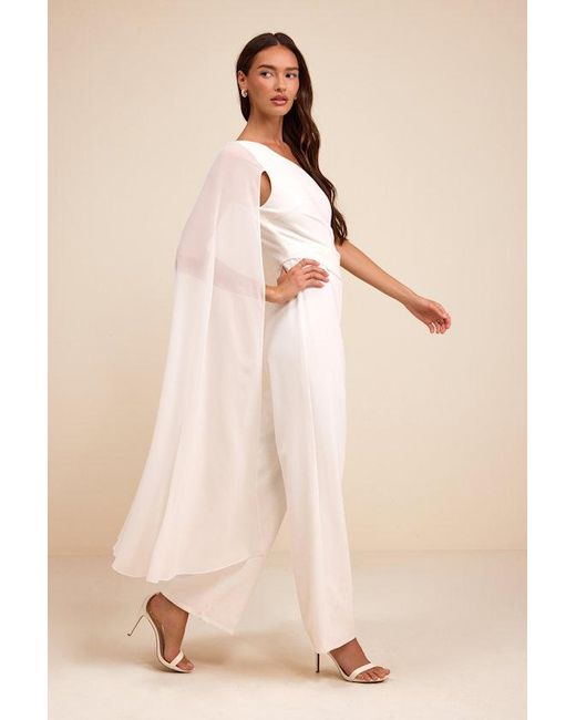 Lulus Natural Stevie One-Shoulder Cape Jumpsuit