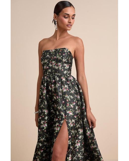Lulus Rainie Floral Jacquard Strapless Lace-Up Maxi Dress in Black | Lyst