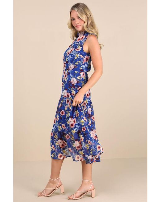 Lulus Blue In My Dreams Floral Print Midi Dress