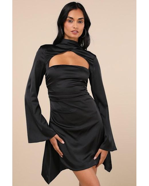 Lulus Black Sultry Elevation Satin Long Sleeve Cutout Mini Dress