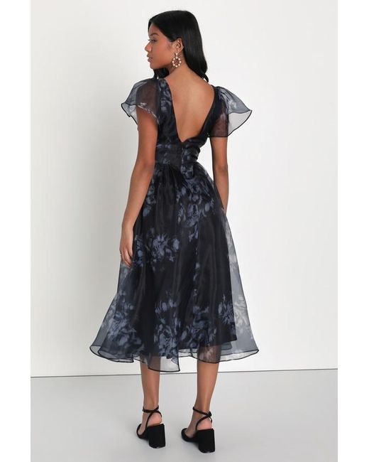 Lulus Blue Mesmerizing Mood Floral Organza Ruffled A-Line Midi Dress