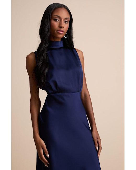 Lulus Blue Classic Elegance Satin Sleeveless Mock Neck Maxi Dress