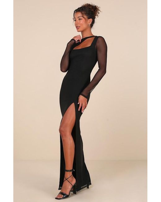 Lulus Black Remarkable Attitude Mesh Asymmetrical Cutout Maxi Dress