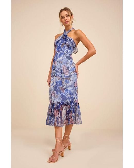 Lulus Blue Juno Multi Floral Halter Trumpet Midi Dress