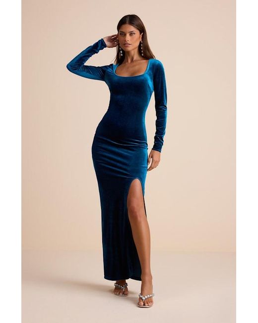 Lulus Blue Alessia Velvet Long Sleeve Maxi Dress