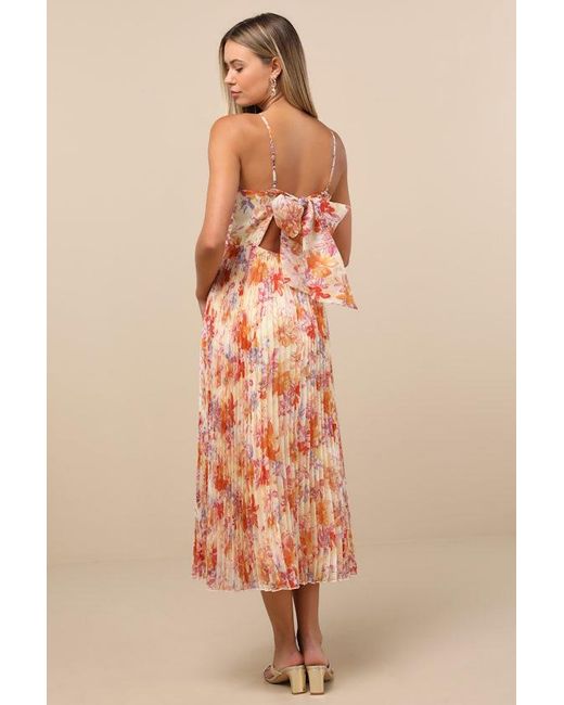 Lulus Pink Alondra Multi Floral Pleated Midi Dress