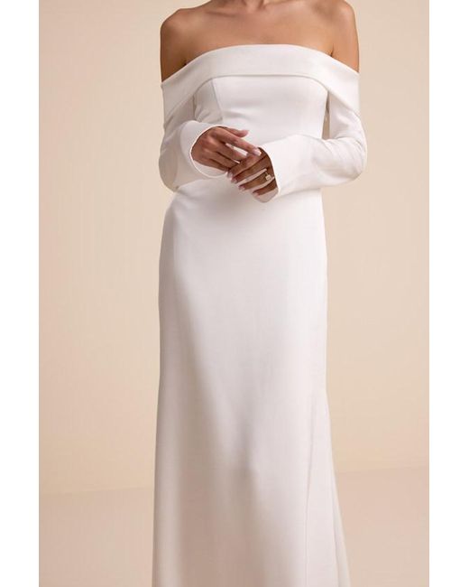 Lulus Natural Saintclair Satin Off-The-Shoulder Long Sleeve Maxi Dress