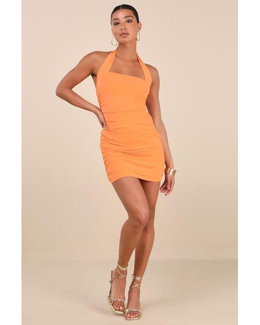 Lulus Orange Attractive Radiance Mesh Ruched Halter Mini Dress