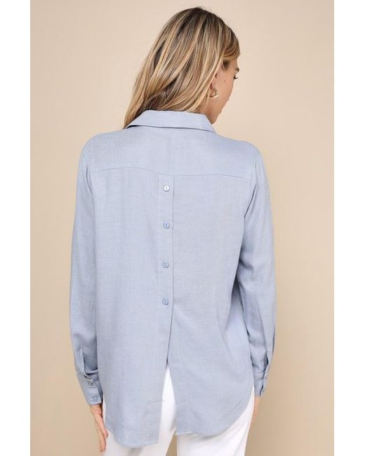 Lulus Blue Notable Aesthetic Linen Collared Button-Up Top
