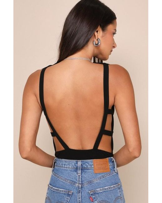 Lulus Black Stunning Pursuit Bow Backless Sleeveless Bodysuit