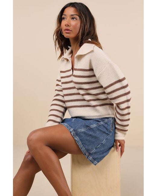 Lulus Blue Timeless Energy Cream Striped Collared Pullover Sweater