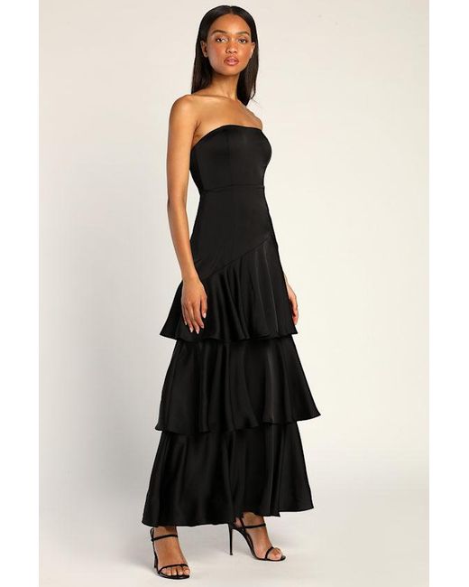 Lulus Black Blissfully Beautiful Satin Strapless Tiered Maxi Dress