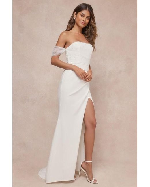 Lulus Natural Profound Glamour Pearl Off-The-Shoulder Tulip Maxi Dress