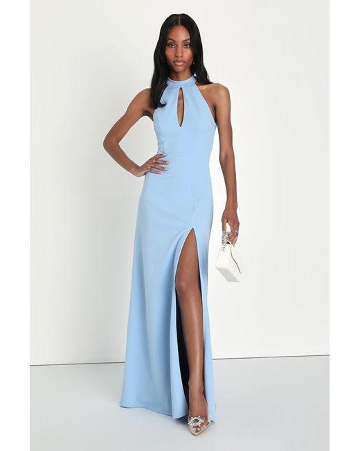 Lulus Blue Striking Elegance Bow Backless Halter Maxi Dress