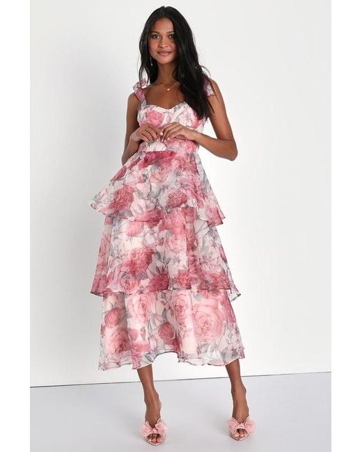 Lulus Playfully Posh Blush Floral Organza Tie-Strap Tiered Midi Dress