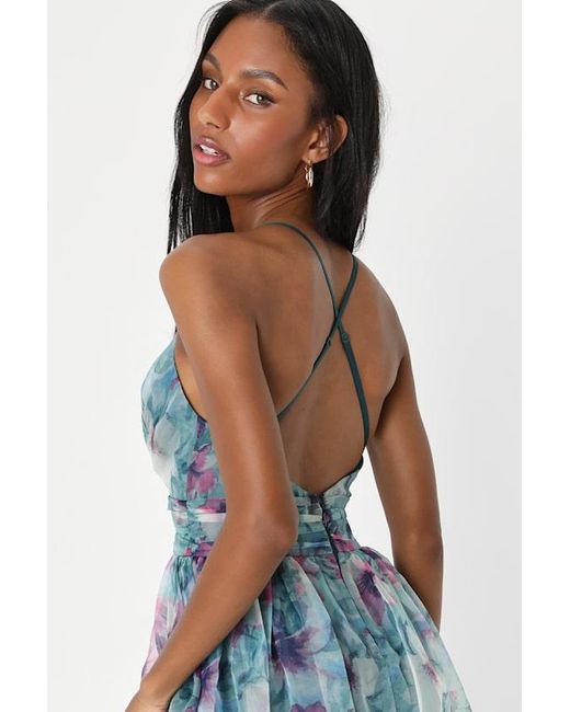Lulus Blue Romance That Wows Dark Floral Print Organza Maxi Dress