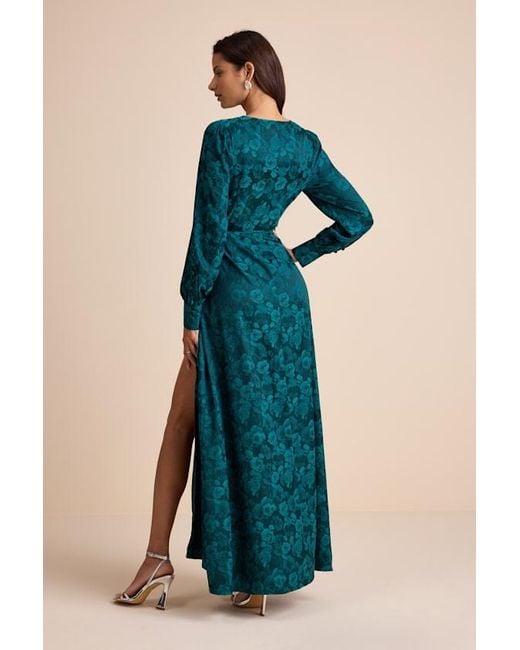 Lulus Blue Maryn Satin Jacquard Wrap Maxi Dress