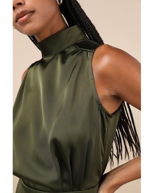 Lulus Green Classic Elegance Satin Sleeveless Mock Neck Mini Dress