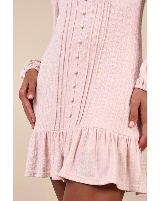 Lulus Pink Coveted Sweetness Blush Pointelle Knit Long Sleeve Mini Dress