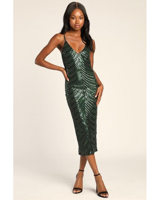 Lulus Green Like A Movie Star Hunter Sequin Bodycon Midi Dress