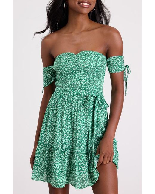 Lulus Green Sweetest Feelings Floral Off-The-Shoulder Mini Dress