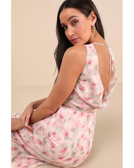 Lulus Pink Charismatic Days Floral Cowl Back Midi Dress