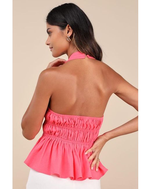 Lulus Pink Adelita Tie-Front Halter Peplum Top
