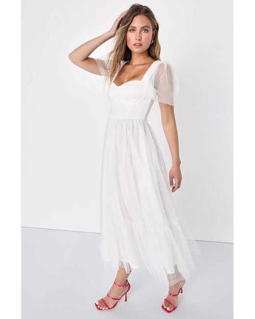 Lulus White Dreamy Celebration Tulle Bustier Swiss Dot Midi Dress