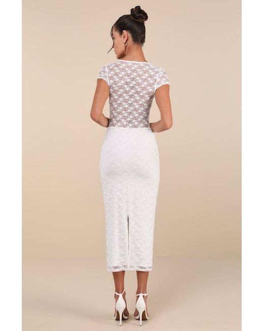 Lulus Natural Flirtatious Presence Sheer Lace Bustier Midi Dress