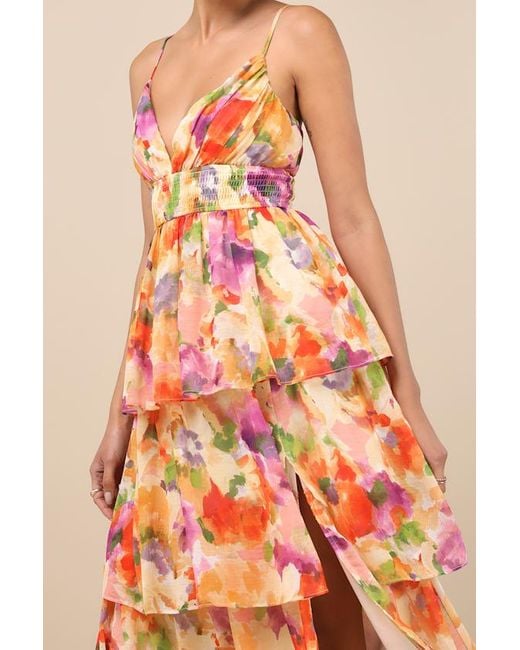 Lulus Orange Olesia Multi Abstract Floral Tiered Midi Dress