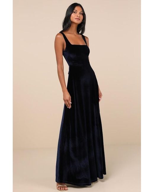 Lulus Blue Graceful Invite Velvet Square Neck Lace-Up Maxi Dress