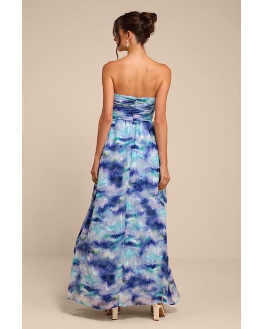 Lulus Blue Mykala Abstract Pleated Strapless Maxi Dress
