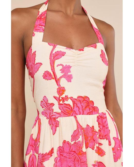Lulus Pink Layton And Cream Floral Halter Maxi Dress
