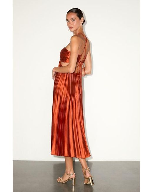 Lulus Red Aerin Rust Satin Pleated Cutout Midi Dress