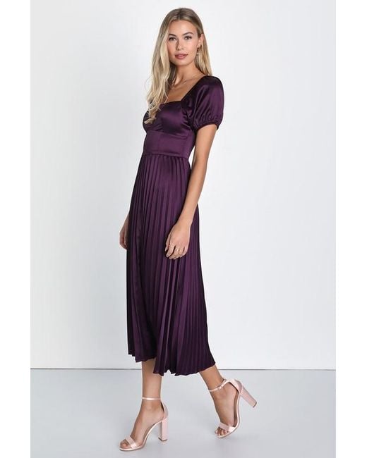 Lulus Purple Flawless Forever Dark Satin Pleated Midi Dress