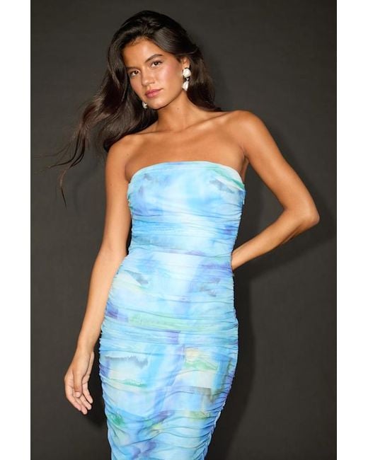 Lulus Black Vania Abstract Mesh Ruched Strapless Midi Dress