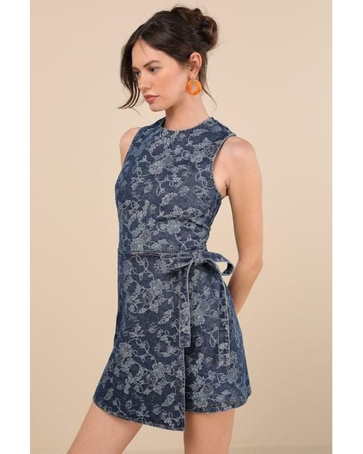 Lulus Blue Albena Dark Wash Floral Denim Sleeveless Mini Wrap Dress