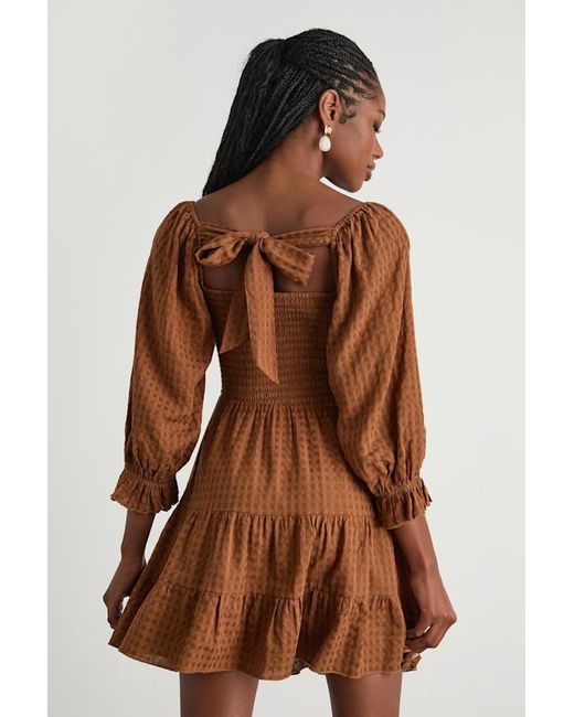 Lulus Brown Charming Afternoon Gingham Balloon Sleeve Mini Dress