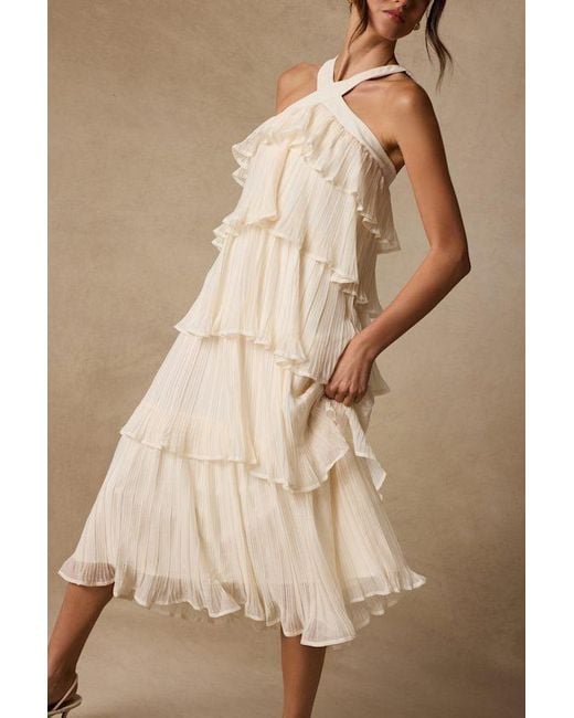 Lulus Natural Lauretta Plisse Tiered Midi Dress