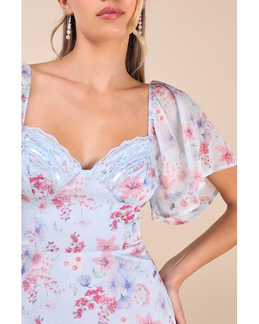 Lulus Blue Valla Floral Flutter Sleeve Midi Dress