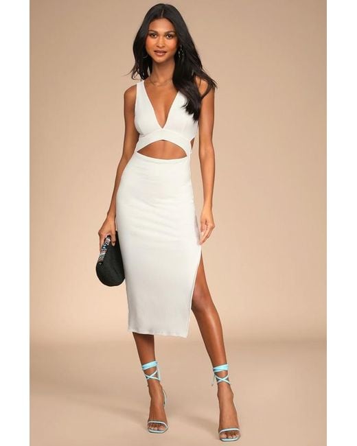 Lulus Natural Divide And Contour Ribbed Cutout Bodycon Midi Dress